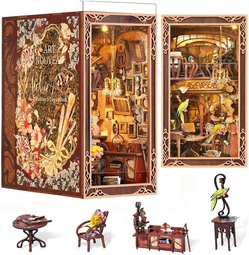 MiniCity Book Nook Kit, DIY Miniature Dollhouse Booknook Kit, 3D Wooden Puzzle Bookend Bookshelf Insert Decor with LED Light for Teens and Adults, Painter's Day at Dusk - Image 1